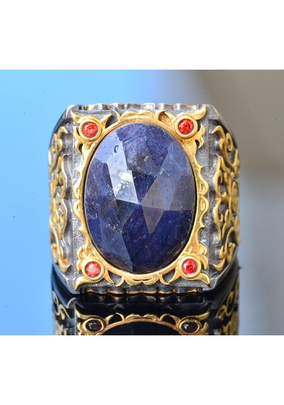 Erkek Sterlin Gümüş Sultan Yüzük - Doğal Safir Taşı Gümüş