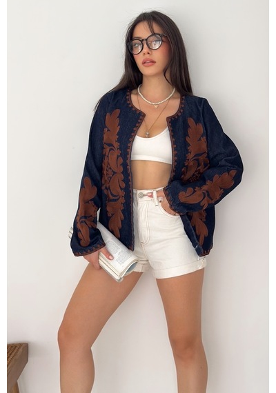 Femelle Kadın Lacivert Vintage Nakışlı Kot Denim Ceket Kahverengi