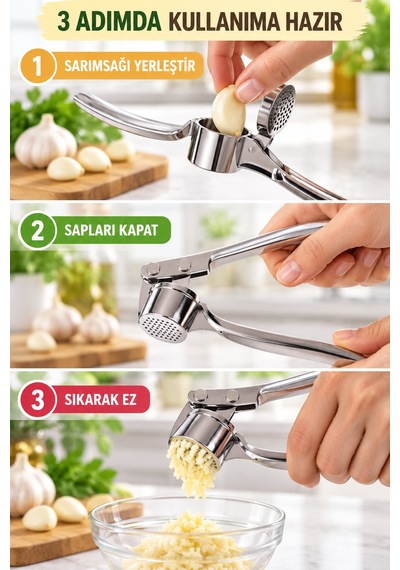 Paslanmaz Çelik Sarımsak Ezeceği Metal Hazneli Pratik Sarımsak Ezme Presi Gümüş