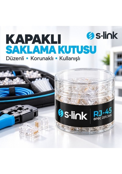 S-link Slx-990 Cat5 Rj45 Konnektör 25'li Paket, 8p8c Ethernet Ağ Kablosu Ucu, Şeffaf Modüler Jack, Krimp Pense İle Takılabilir Network Fişi