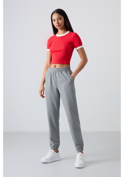 Tommy Life Gri Melanj Cepli Yüksek Bel Rahat Form Lastik Paça Kadın Eşofman Alt - 94583 GRİ MELANJ