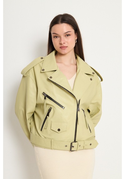 M M Marki Marki Kadın Hakiki Jumbo Deri Ceket Biker Tarz, Kemerli, Oversize, Apoletli, 65 Cm, Su Yeşili - 116622x
