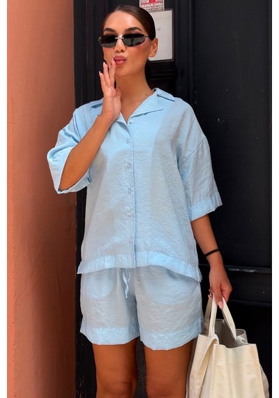 Madmext Bebe Mavisi Kısa Kollu Modal Gömlek Şort Takım Mg2739