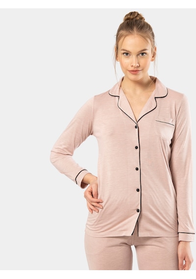 Türen Düz Uzun Kollu Gömlek Yaka Pijama Takım 3365/pudra 001