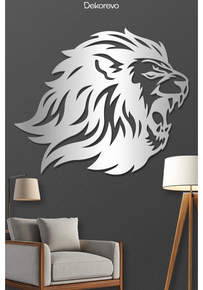 Yırtıcı Aslan Metal Duvar Tablosu - Metal Duvar Sanatı - Gümüş - 65 X 75 Cm