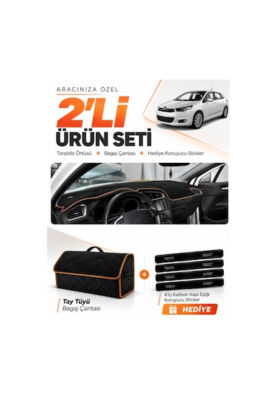 E-biz Cıtroen C4 2011-2020 Uyumlu Torpido Örtüsü + Tay Tüyü Çanta - Siyah-kahverengi - Cı008
