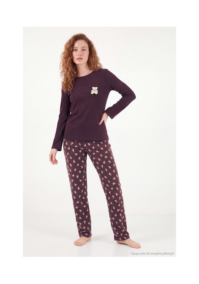 Lela Yumuşak Dokulu Desenli Uzun Kollu Pijama Takımı Kadın Pijama Takımı 6575018 Kahve