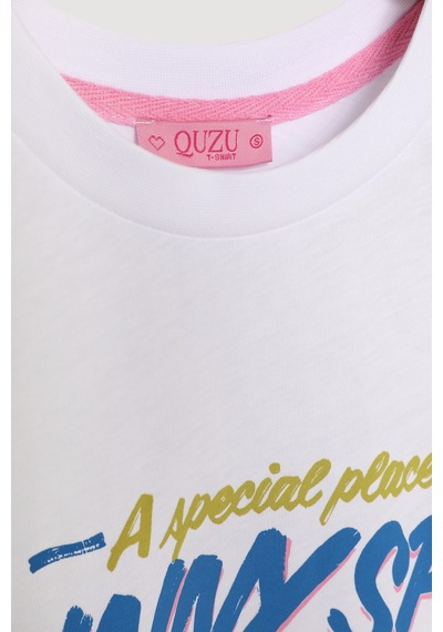 Quzu Kadın Bisiklet Yaka Baskılı T-shirt Beyaz