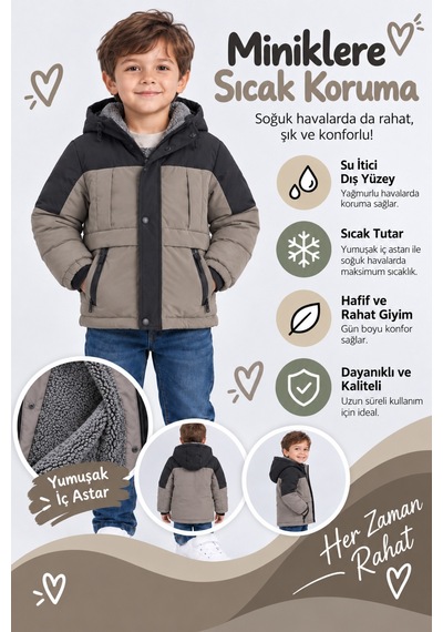 Ahengim Erkek Çocuk Kapüşonlu İçi Peluş Astarlı Su İtici Kışlık Mont Sarı Haki Ve Gri Renk Ak4292 Ahengim Erkek Çocuk Kapüşonlu İçi Peluş Astarlı Su İtici Kışlık Mont Sarı Haki Ve Gri Renk Ak4292