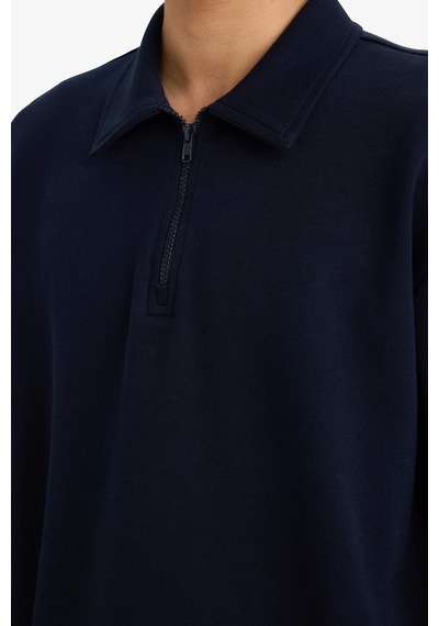 Defacto Boxy Fit Polo Yaka Yarım Fermuarlı Pike Sweatshirt G6471ax25wnnv253 Lacivert-nv253