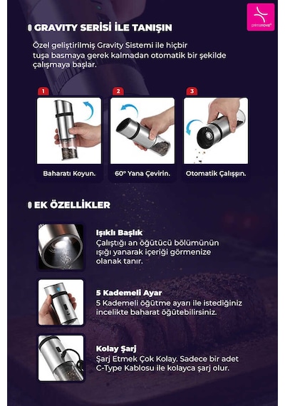 Primanova Gadget  Gravity Paslanmaz Çelik Otomatik Tuz & Karabiber Öğütücü Şarjlı
