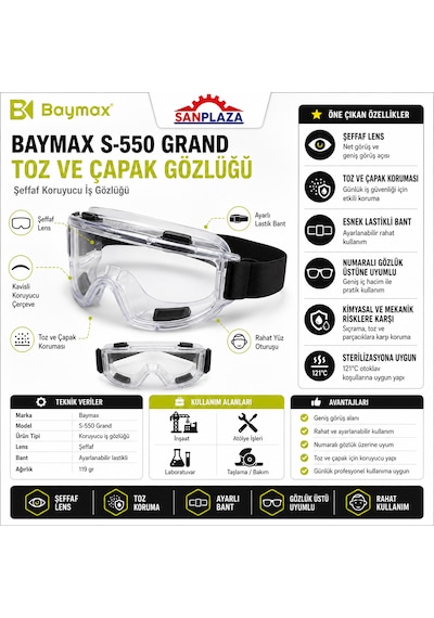 Baymax S550 Standart Şeffaf Toz Çapak Koruyucu İş Güvenlik Gözlüğü Uv Polikarbonat 5 Adet