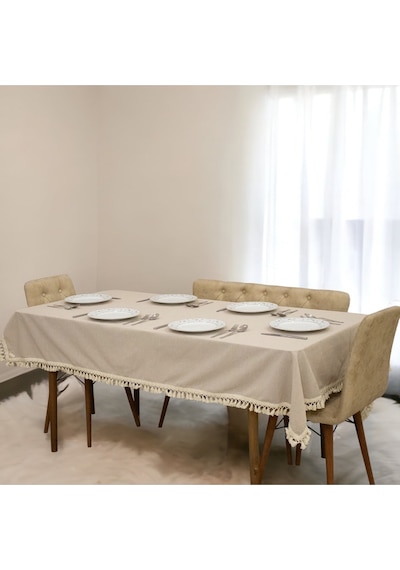 Dnc Home Tekstil  Bej Pamuk Keten Ponponlu Masa Örtüsü Bej