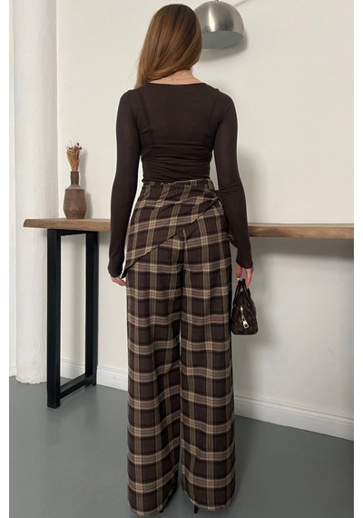 Meecy Bsk Fular Detaylı Ekoseli Tailored Fit Pantolon Kahverengi Kahverengi