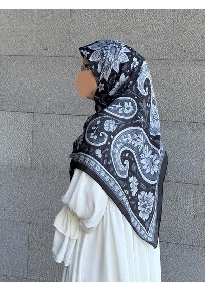 Qalortex Scarf Pamuklu Vintage Desen Eşarp-siyah/gri Siyah-Gri