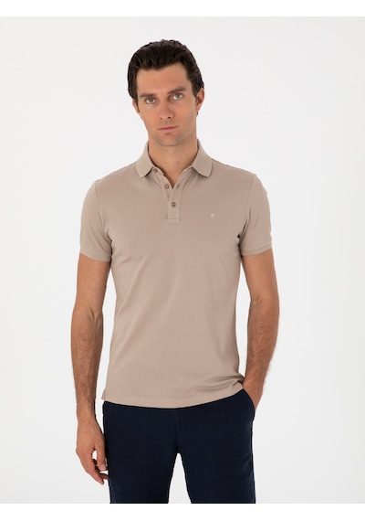 Koyu Bej Slim Fit Polo Yaka Pamuklu Basic T-shirt