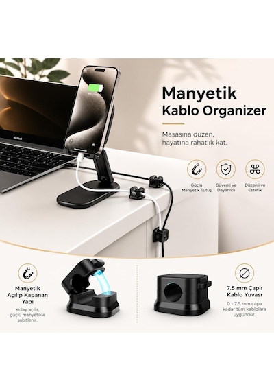 6'li Manyetik Kablo Düzenleyici, Yapışkanlı Kablo Tutucu Klips, Telefon Şarj Kablosu Sabitleyici, Masaüstü Kablo