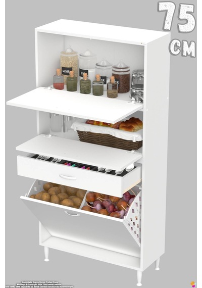 Vio 75 Cm Fırın Dolabı Sepetli Çekmeceli 2 Kapak Kiler Mutfak Dolabı Beyaz