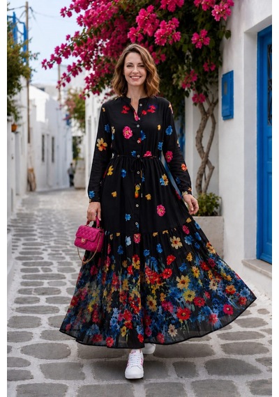 Hb Harma Time Butik Kadın Düğmeli Çiçek Desenli Modal Siyah Elbise
