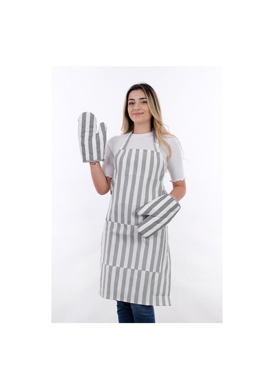 Sweet 3lü Set Ayarlanabilir Askılı Cepli Mutfak Önlüğü Seti 2 Eldiven Gri Çizgili