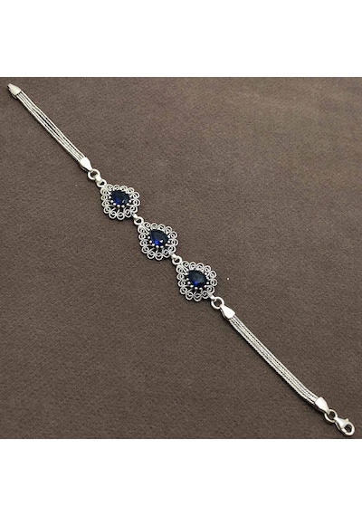 Midyatgümüşnurtaş-Safir Taşlı Damla Model Telkari Gümüş Bileklik