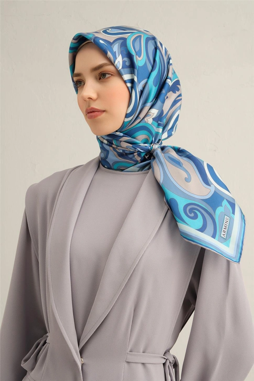 Armine Etnik Desenli Saf İpek Twill Eşarp 9323d 06 Mavi