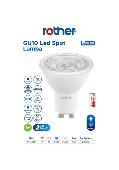 Rtl11103 Rother Gu10 Led Spot Ampul 8w 700 Lümen 6000k Beyaz Işık - Enerji Tasarruflu Ampul
