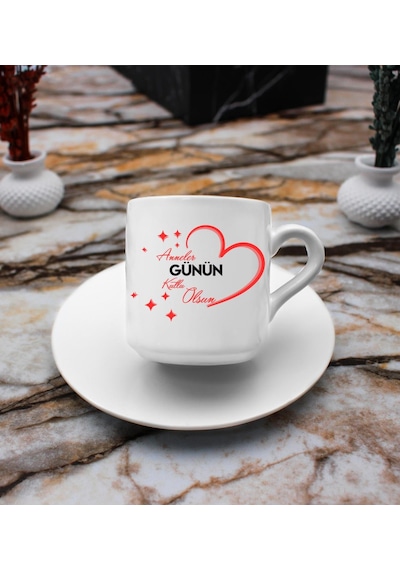 Anneler Gününe Özel Baskılı 2'li Türk Kahve Fincanı Hediye Seti Anneye Hediye T4
