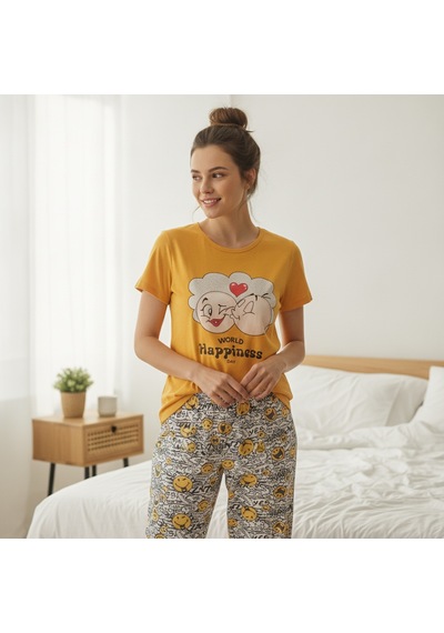 Bonbon Kadın Giyim Kısa Kollu Baskılı Pijama Takımı Bb2664 Çok Renkli