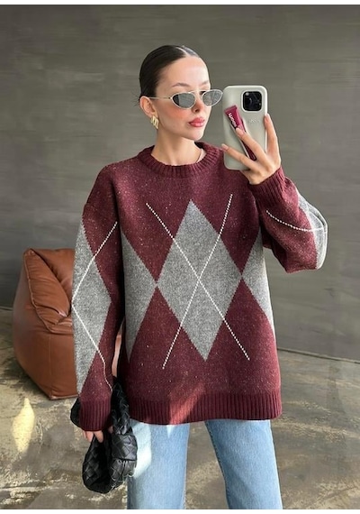 Baklava Desenli Kazak Bordo Renk-528 Bordo
