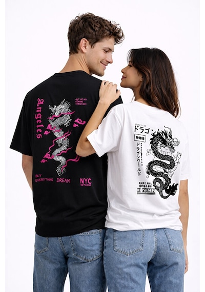 Sevgili Kombini Dragon Baskılı Çift Tişört Oversize Unisex Street Siyah
