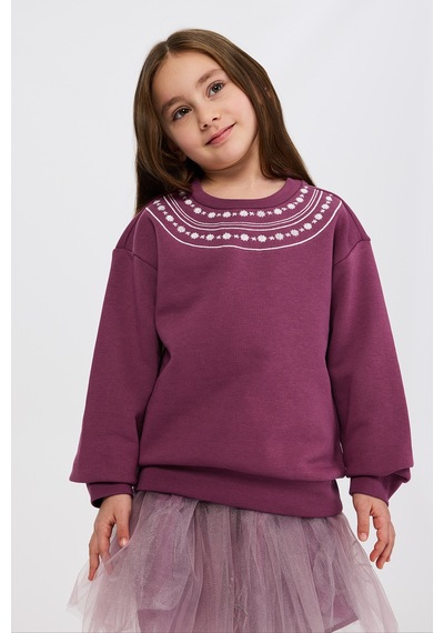 Panço Kız Çocuk Nakışlı Sweatshirt Gri Mürdüm