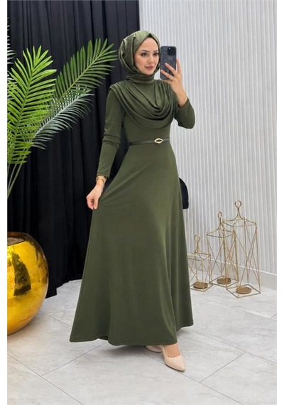 Neşeli Butik Kadın Haki Sandy Kumaş Degaje Yaka Kemer Detaylı Tesettür Elbise---- Nms096