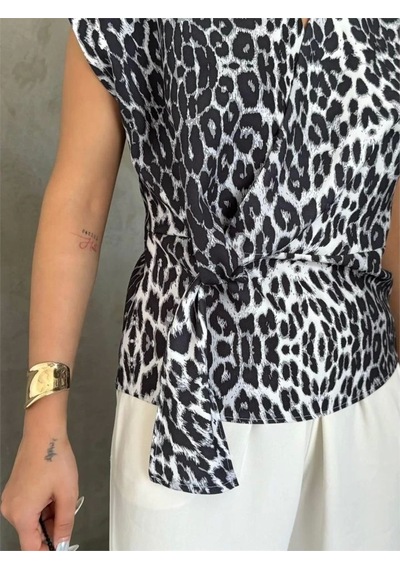 Defymoda Leopar Desen Yandan Bağlama Detaylı Bluz - Gri Gri