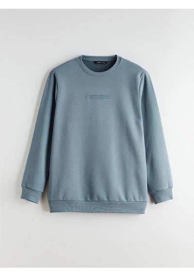 Lcwaıkıkı Classic İndigo Büyük Beden Bisiklet Yaka Baskılı Kalın Erkek Sweatshirt