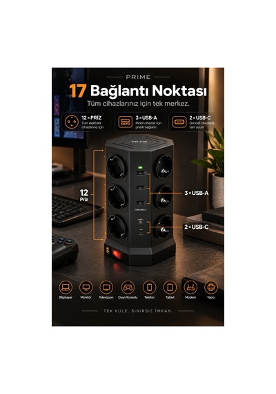 Robeve Fulltech Prime 12 Li Akım Korumalı Kule Priz 3680w - 1050j Koruma, Pd20 Destekli 3 Usb-a + 2 Usb-c, 2 Metre Kablolu Dikey Çoklu Uzatma Prizi Grup Priz 12'li Fiş 12'li Priz 2 M Robeve Fulltech Prime 12 Li Akım Korumalı Kule Priz 3680w - 1050j Koruma, Pd20 Destekli 3 Usb-a + 2 Usb-c, 2 Metre Kablolu Dikey Çoklu Uzatma Prizi Grup Priz 12'li Fiş 12'li Priz 2 M