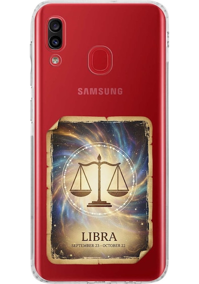 Samsung Galaxy A30 İle Uyumlu Burç Kartları Terazi Tasarımlı Şeffaf Silikon Kılıf Şeffaf
