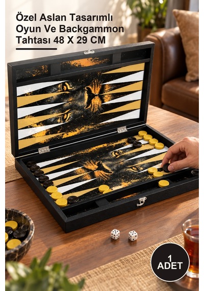 1 Adet Tavla Özel Aslan Tasarımlı Oyun Ve Backgammon Tahtası 48 X 29 Cm