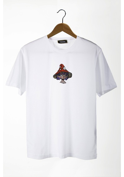 Kadın Beyaz Bisiklet Yaka Önü Şapkalı Baskılı Oversize T-shirt Beyaz