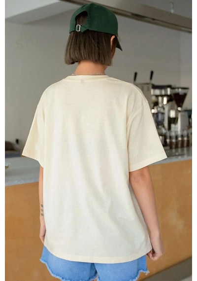 Unisex Pamuklu Butterfly Flowers Ön Baskılı Tasarım Tshirt Bej