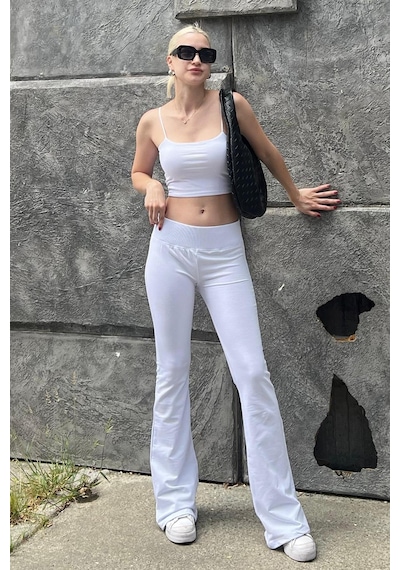 Madmext Beyaz Beli Fitilli Yüksek Bel İspanyol Paça Pantolon Mg2096-beyaz Beyaz