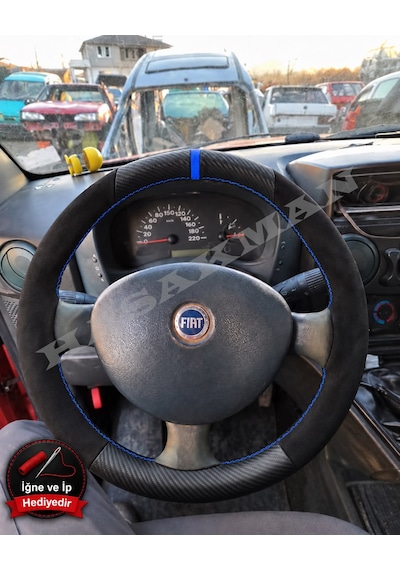 Fiat Doblo 1 Dikme Direksiyon Kılıfı Alcantara Süet Mat Karbon Mavi Yüzük Ve Dikiş 2005-2010 Siyah