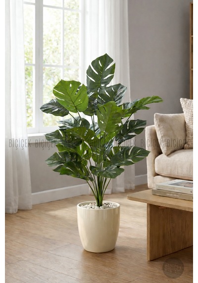 Biçiçek Yapay Monstera Deve Tabani 60 Cm Krem Yakut Saksıda