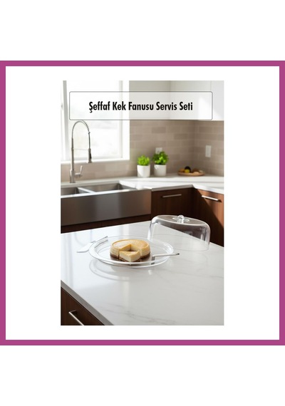 Gees Global Şeffaf Akrilik Kek Fanusu Ve Servis Seti 33 X 39 X 14 Cm 4 Parça Gbzs