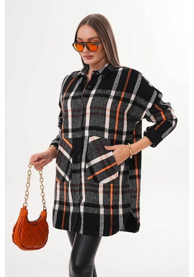 Polologin Butik Kadın Turuncu Siyah Kanguru Cepli Spor Kesim Araboy Gömlek Turuncu