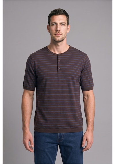 Defacto %100 Pamuk Standart Fit Henley Yaka Çizgili Kısa Kollu Triko Tişört I2753ax26hsbn534 Kahve-bn534