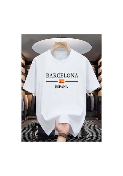 Caddemia Yaz  Gündelik Spor Gevşek Barselona İspanyol Mektubu Baskılı Rahat Yuva Beyaz 2XL