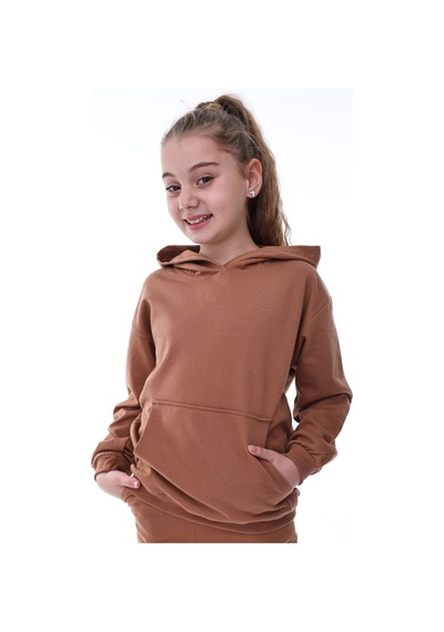 Zuzunga Basic Kapüşonlu Şardonlu Kanguru Cep Detaylı Çocuk Sweatshirt 3-10 Yaş Kahverengi