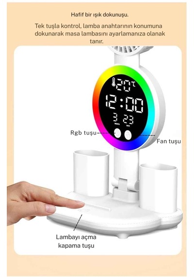 Techtic Led Masa Lambası Yuvarlak Başlı Fanlı Saatli 3 Renk Rgb Işıklı Dimmer Şarjlı Göz Korumalı Beyaz - Gün Işığı