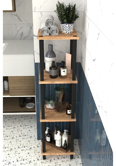 Viva 4 Katlı Çok Amaçlı Banyo Rafı Metal Ayaklı Organizer- Meşe Kahverengi